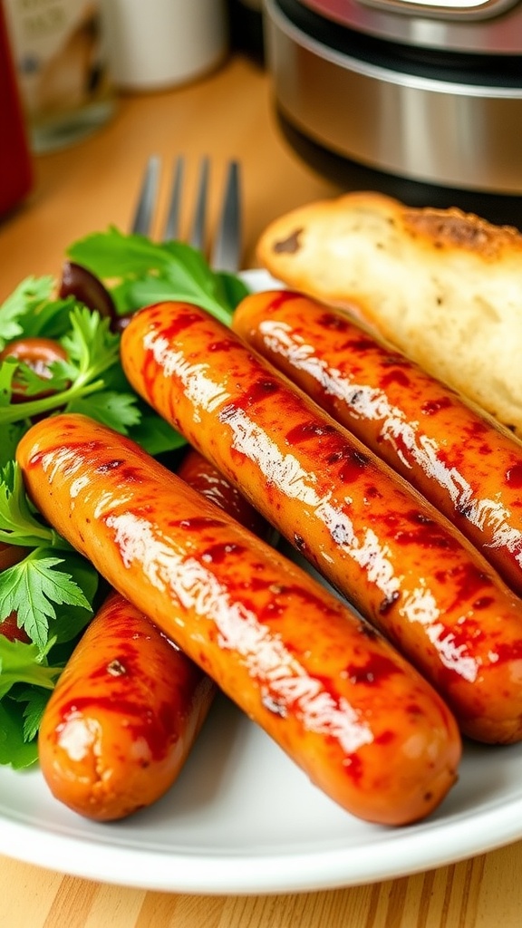 Crispy air fryer Italian sausages on a plate with salad and bread, garnished with parsley.